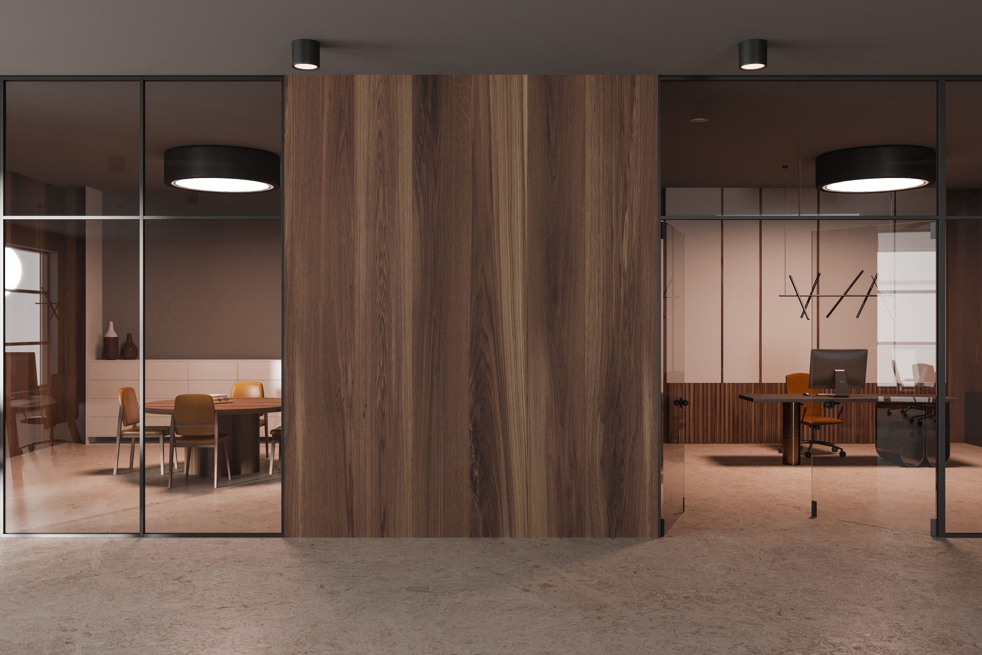 Dark office room interior with conference and ceo workplace, empty wall