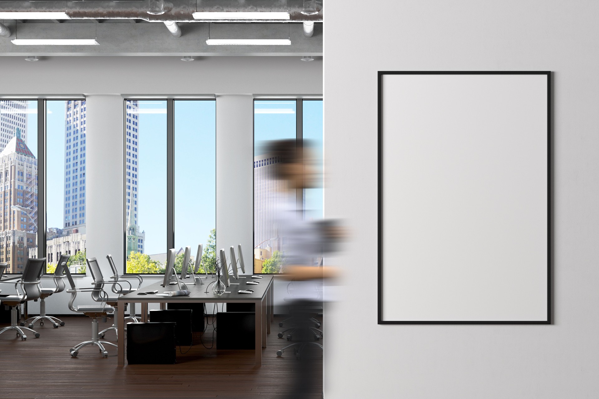 Blank poster mock up on the wall in office interior
