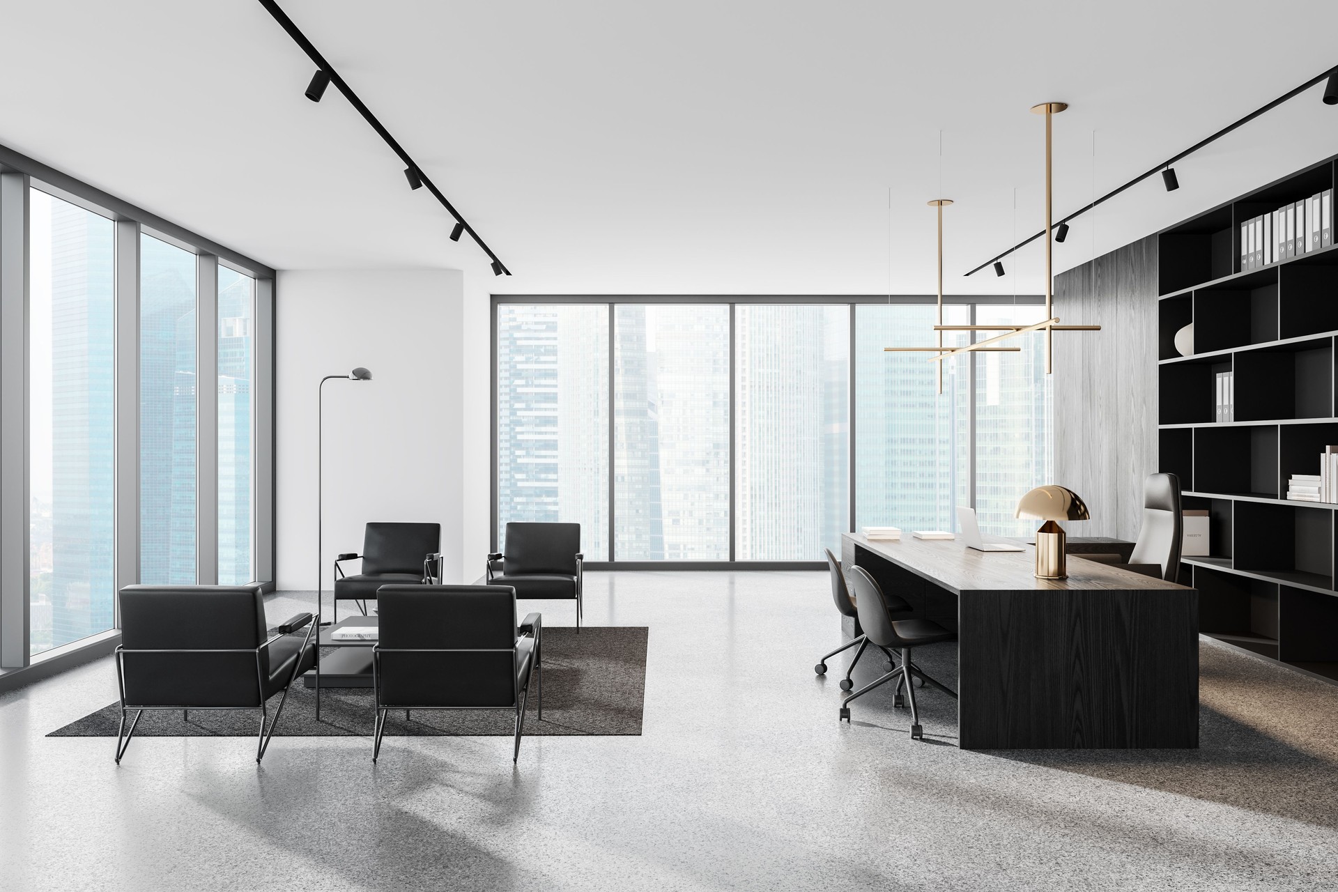 Modern office interior with large windows and skyscraper view, minimalistic style, bright lighting. Concept of business workplace, cityscape. 3D Rendering